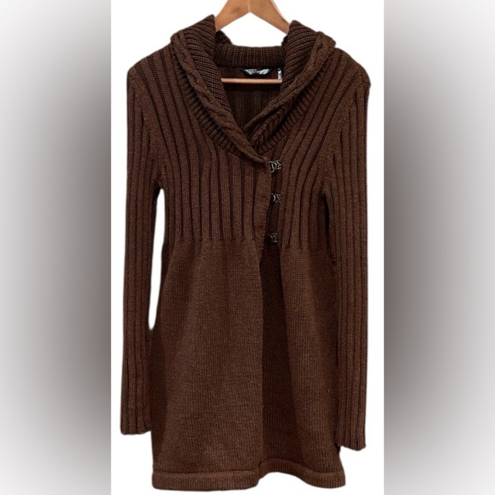 Daisy Fuentes Long Brown Ribbed Women's Sweater Cardigan w/ Cowl Neck Size M